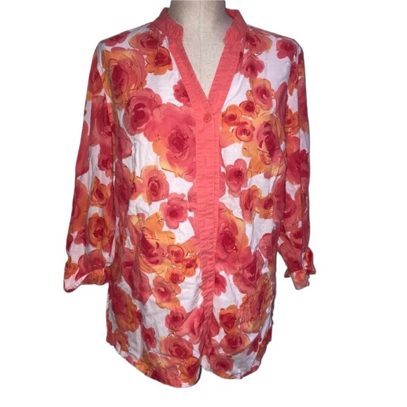 Tops | Lily Stanhope Womens 1x Button Front Blouse White Coral Orange ...